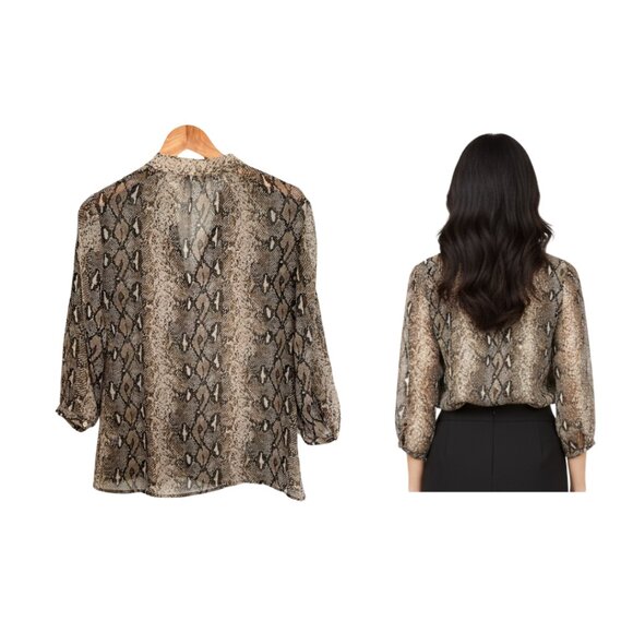 Banana Republic Blouse Women Small Sheer Snake Python Print Brown Black - Picture 2 of 15